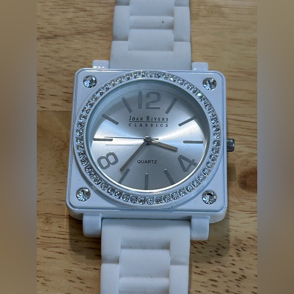 Joan Rivers Silver Dial Watch with White Band